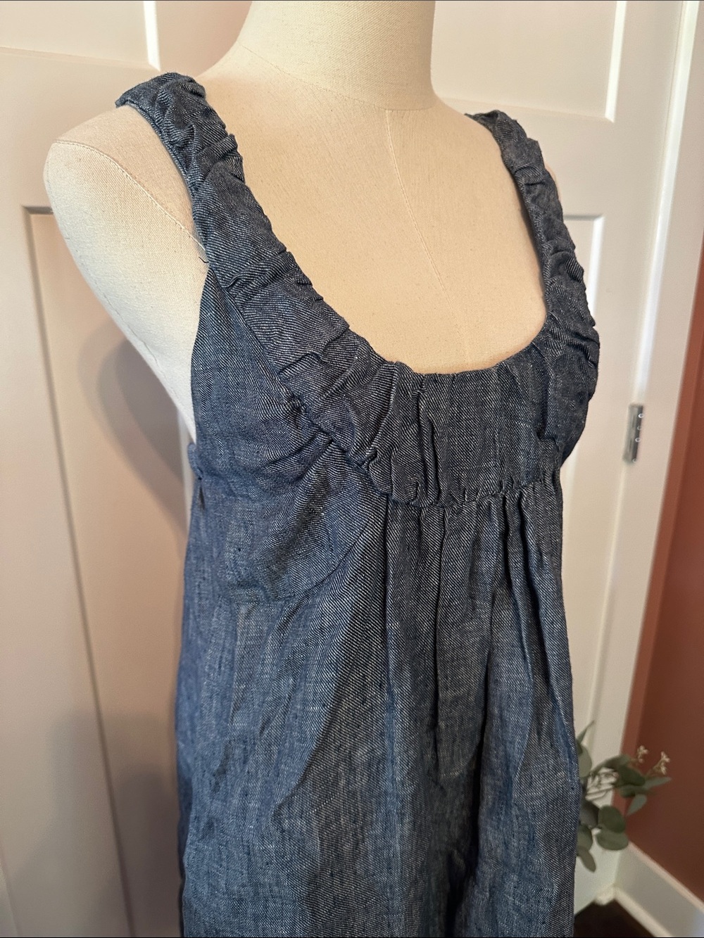 Anthropologie Staci Woo Souvenir Ed. Blue Chambray linen 3 midi pockets Sundress - Picture 2 of 11